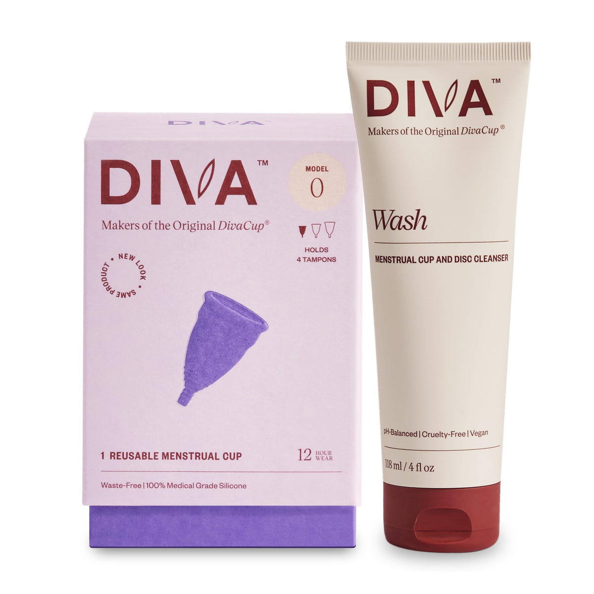 DivaCup Model 0 silicone cup close-up showing slim canal design.