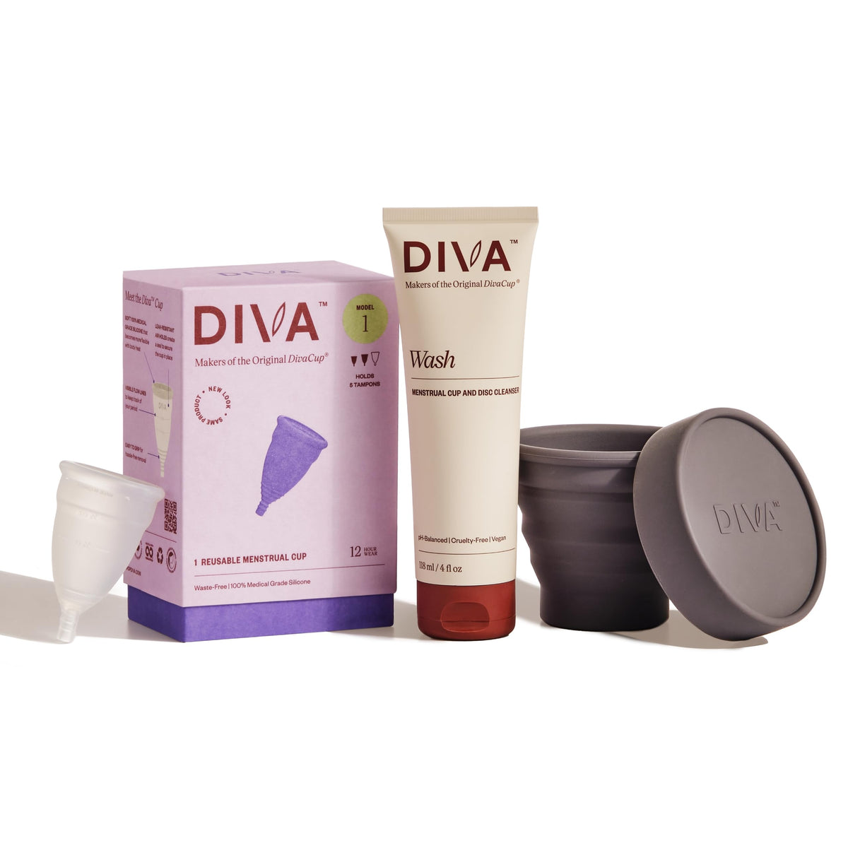 DIVA Cup Model 1 silicone cup for medium to heavy flow with a secure seal.