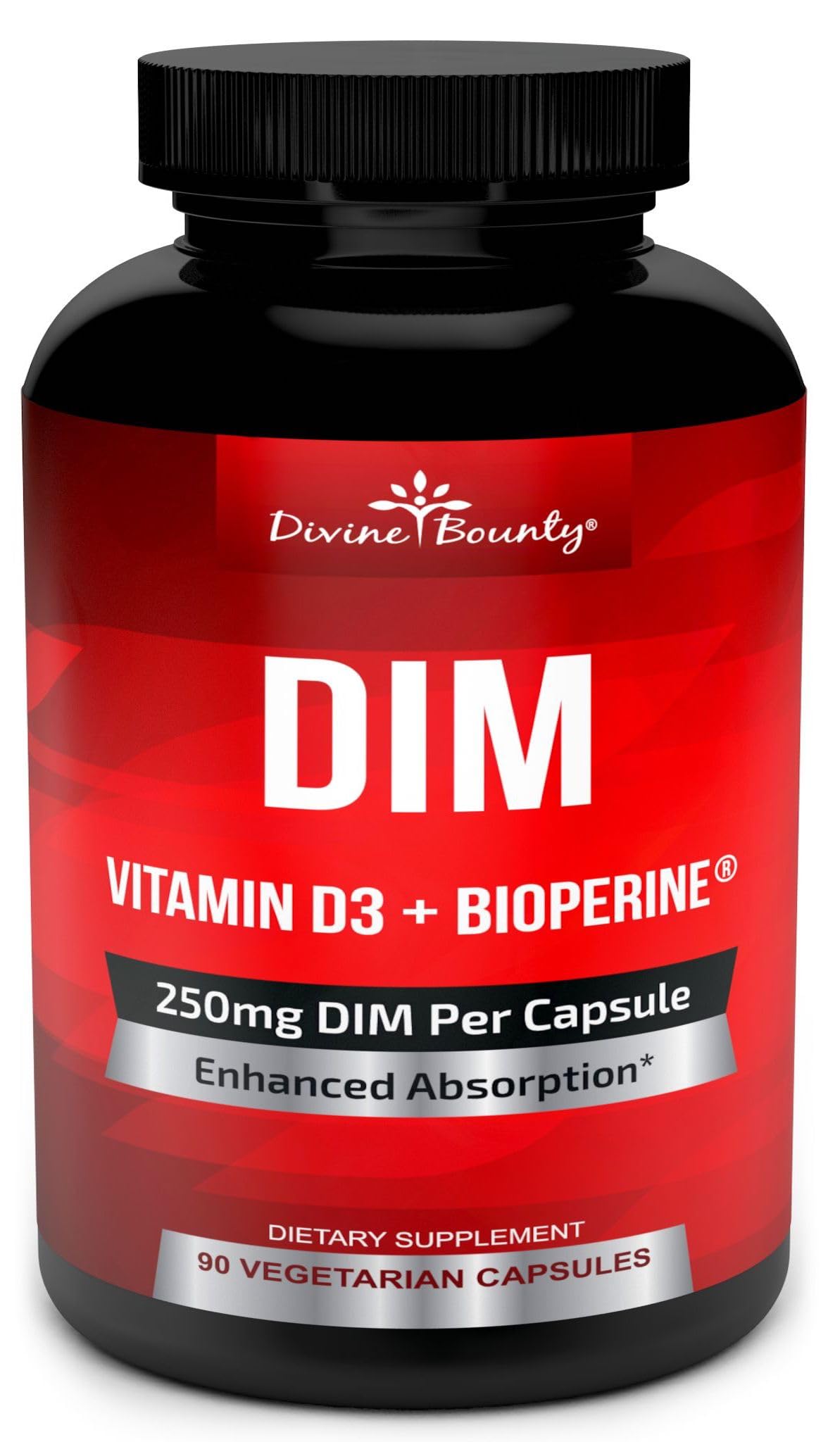 Divine Bounty DIM 250mg bottle showcases potent blend for daily hormonal support.
