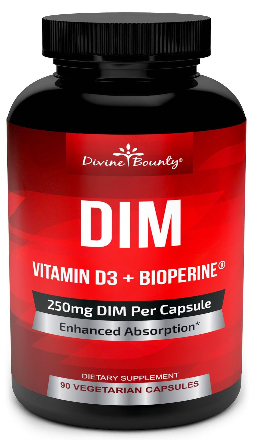 Divine Bounty DIM 250mg bottle showcases potent blend for daily hormonal support.
