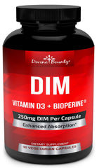 Divine Bounty DIM 250mg bottle showcases potent blend for daily hormonal support.