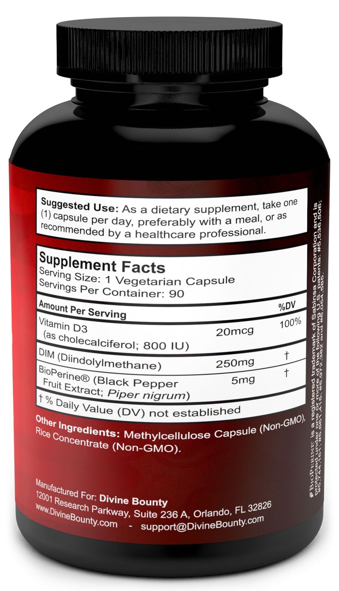 Divine Bounty DIM capsules beside Vitamin D3 and BioPerine promote absorption.