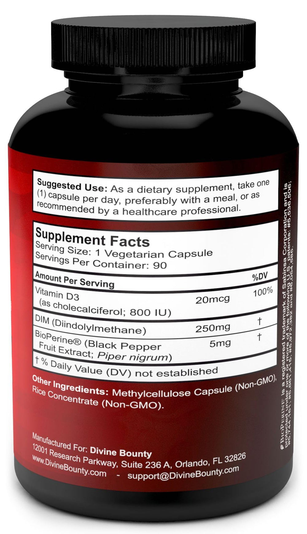 Divine Bounty DIM capsules beside Vitamin D3 and BioPerine promote absorption.