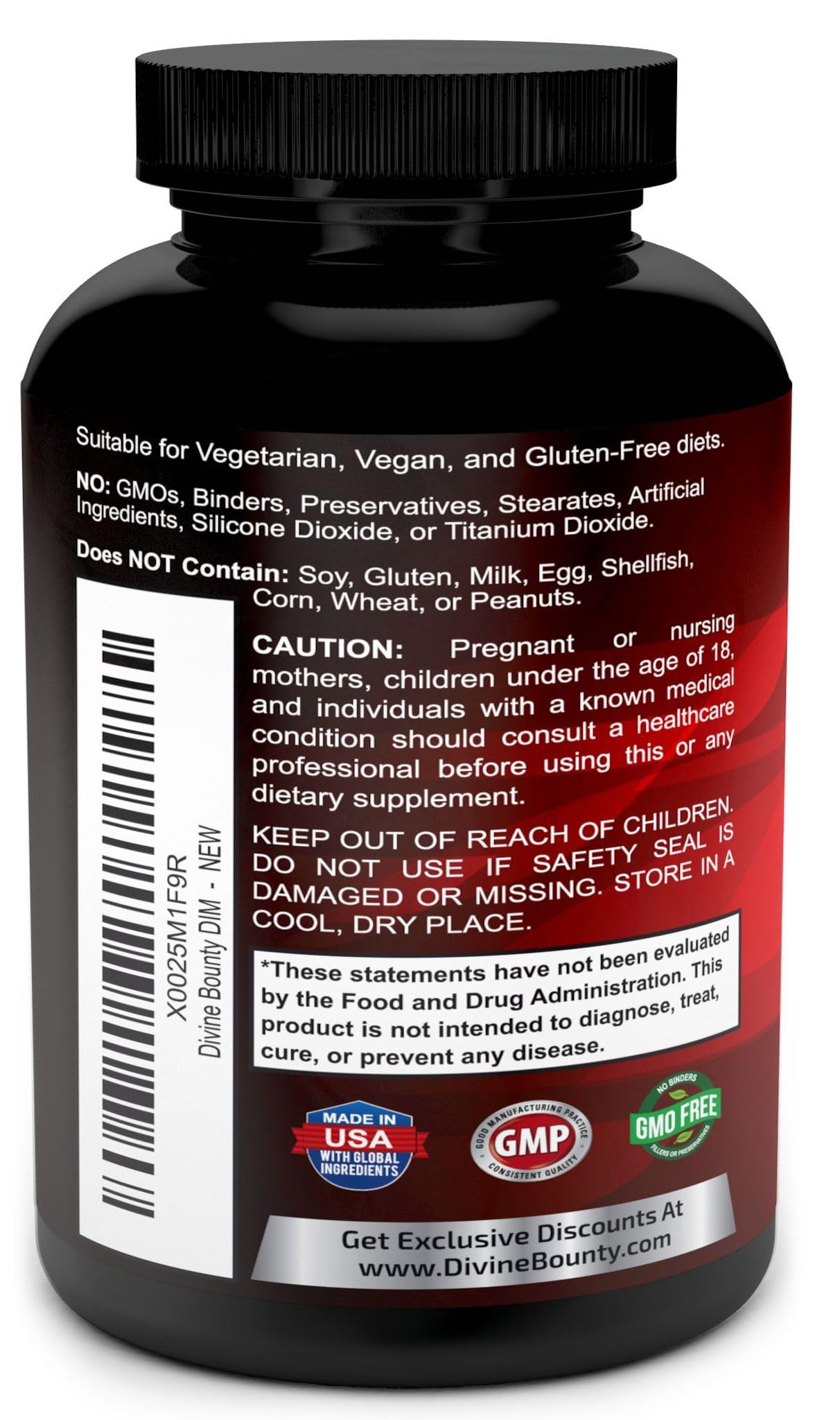 Divine Bounty bottle label highlights pure ingredients and vegan formula.