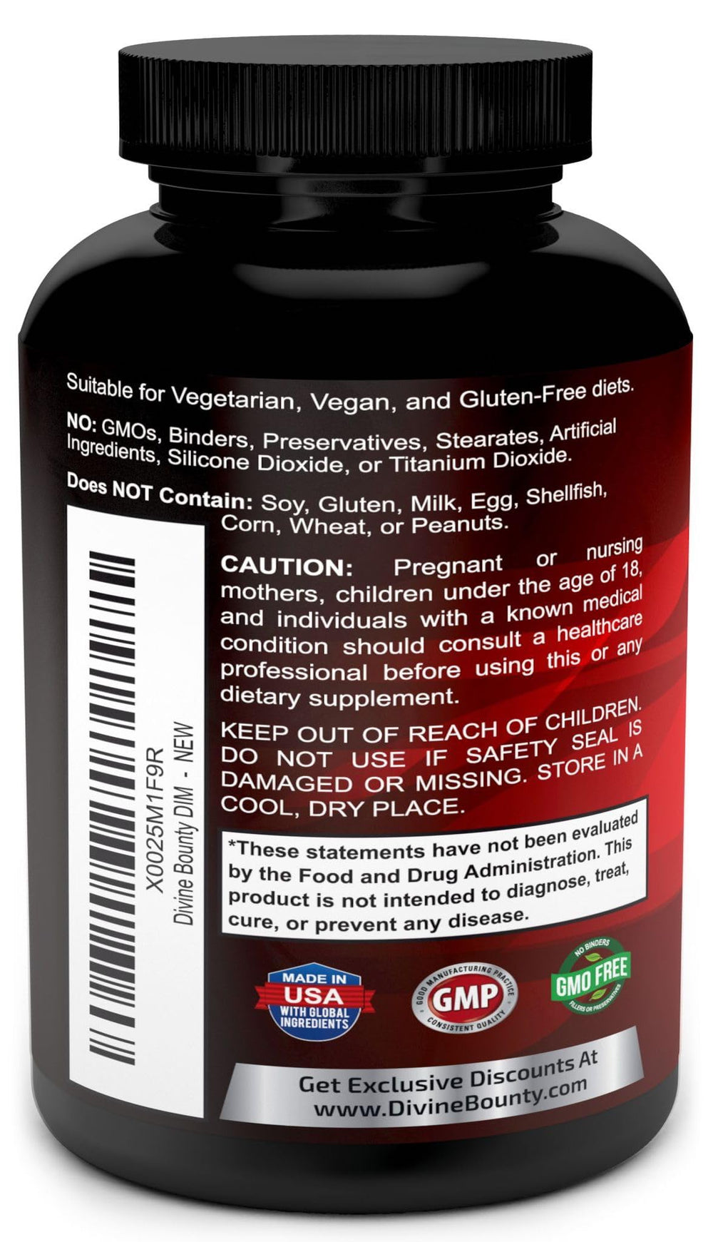 Divine Bounty bottle label highlights pure ingredients and vegan formula.
