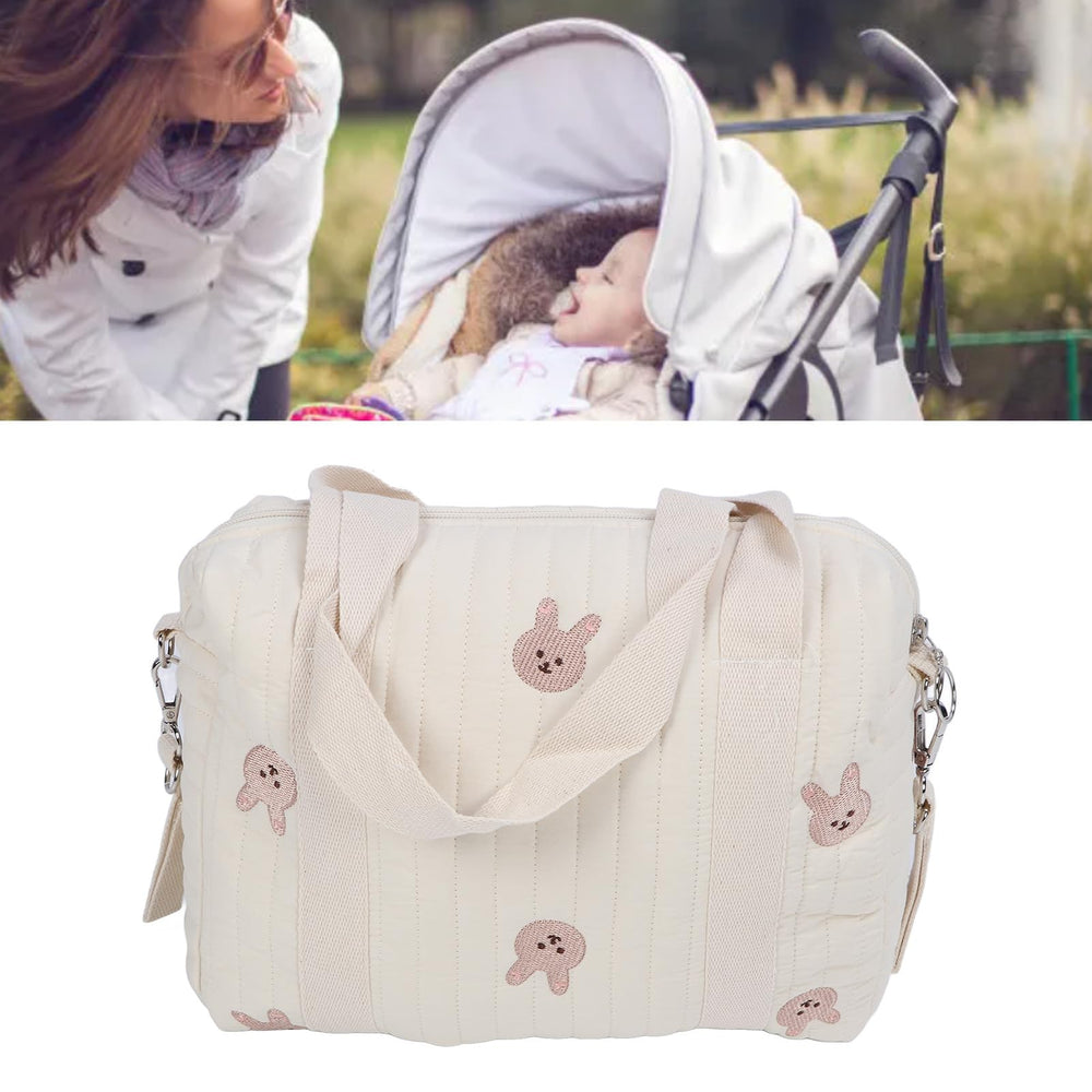 Diydeg rabbit bag in use on a stroller for hands-free shopping.