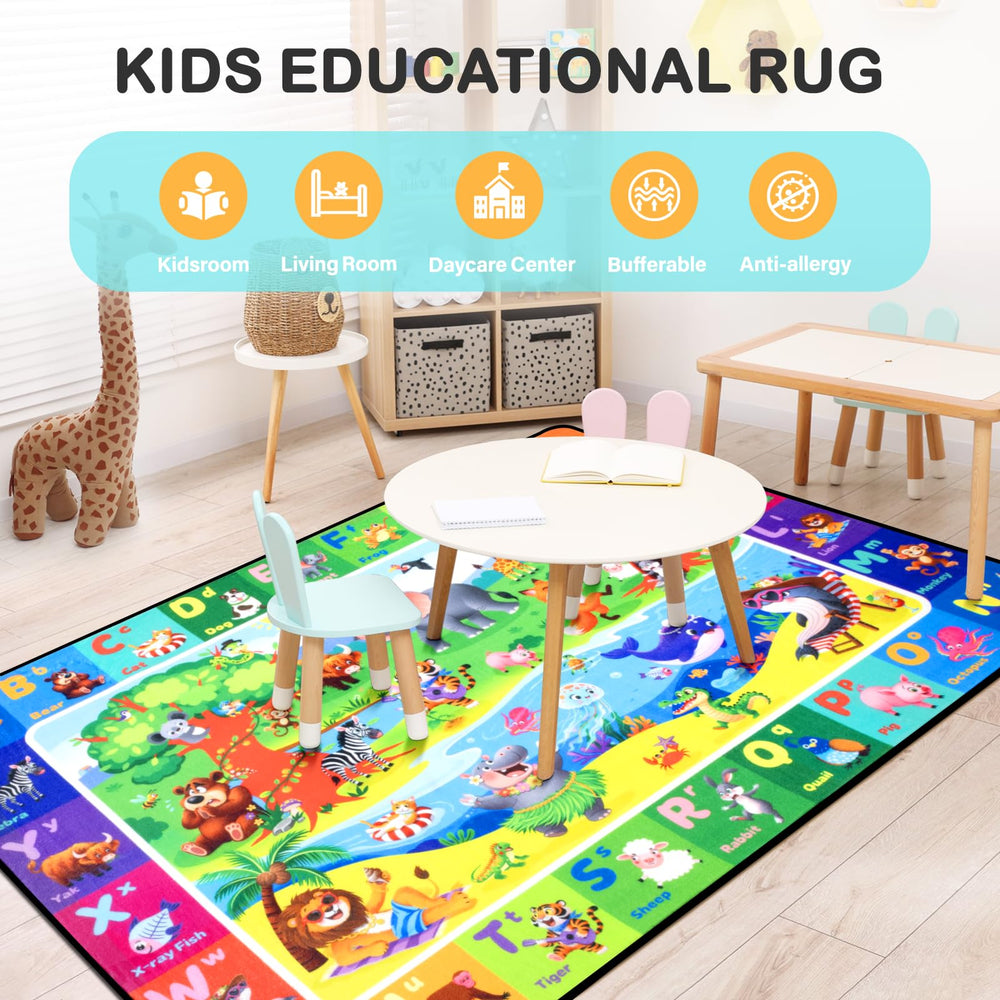 Diysani ABC kids rug education scenes spark imagination with safari, city, and more.