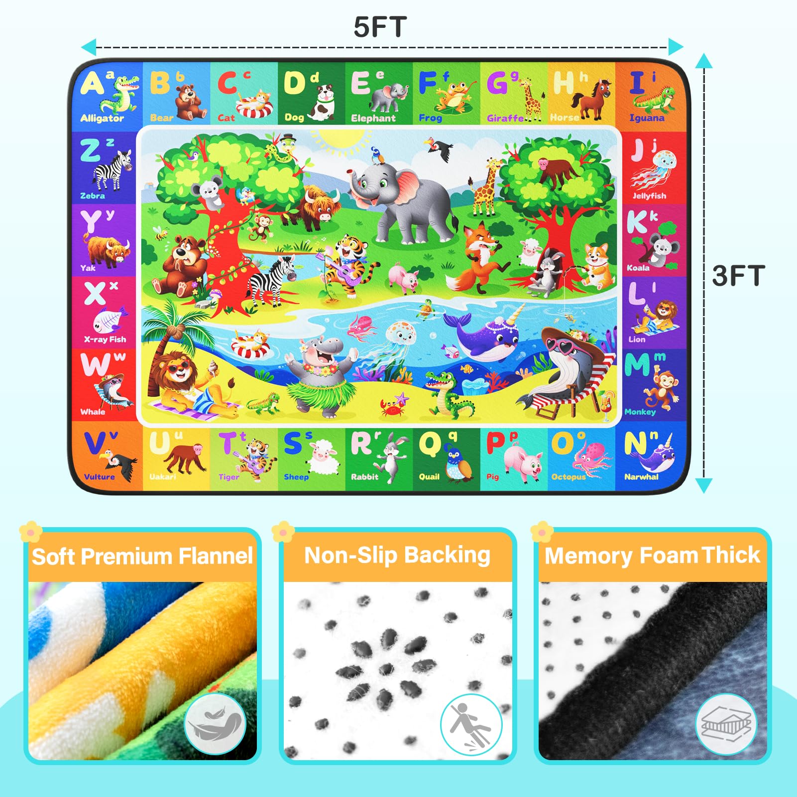 Diysani ABC kids rug non-slip backing ensures safe crawling and play.