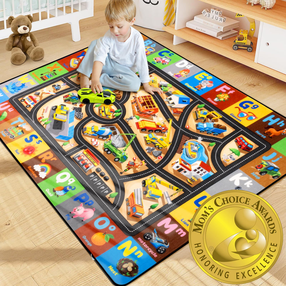 Diysani construction rug scene for boys room with colorful vehicles.