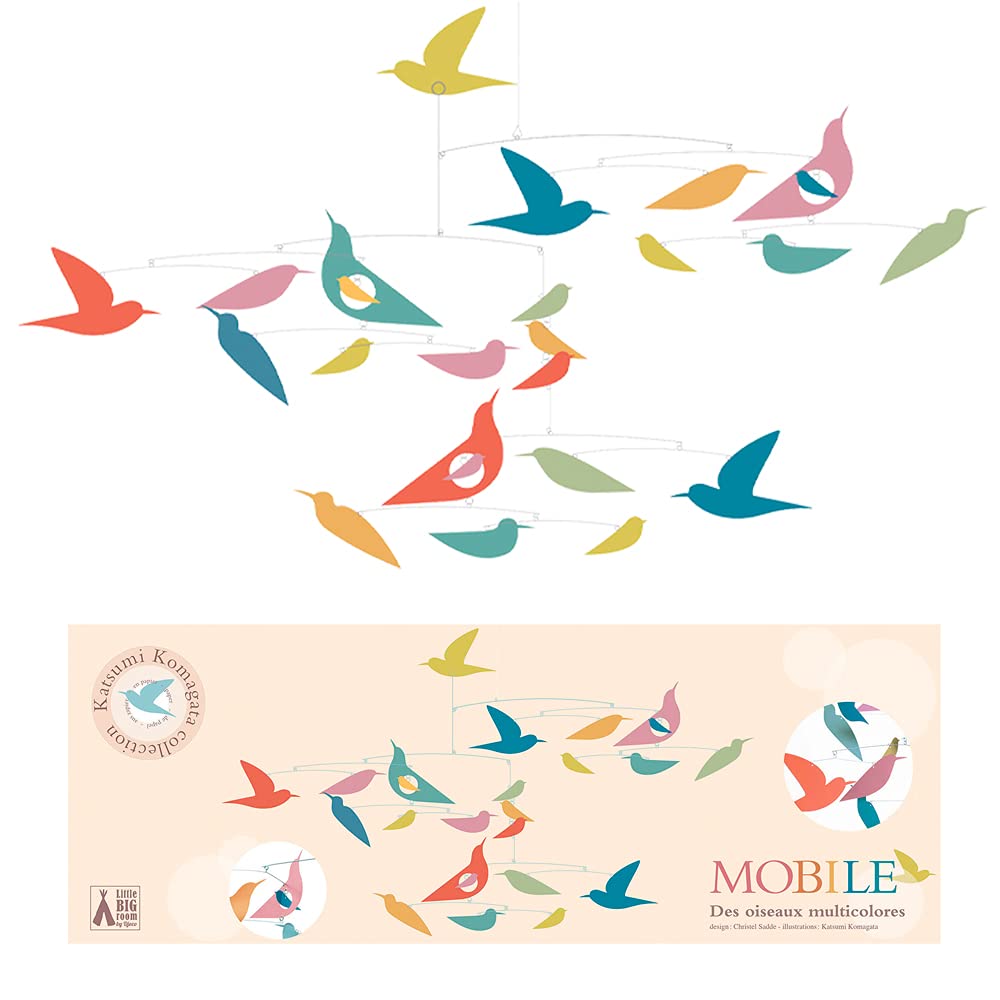 DJECO Colorful Bird Mobile with vibrant birds over nursery decor.
