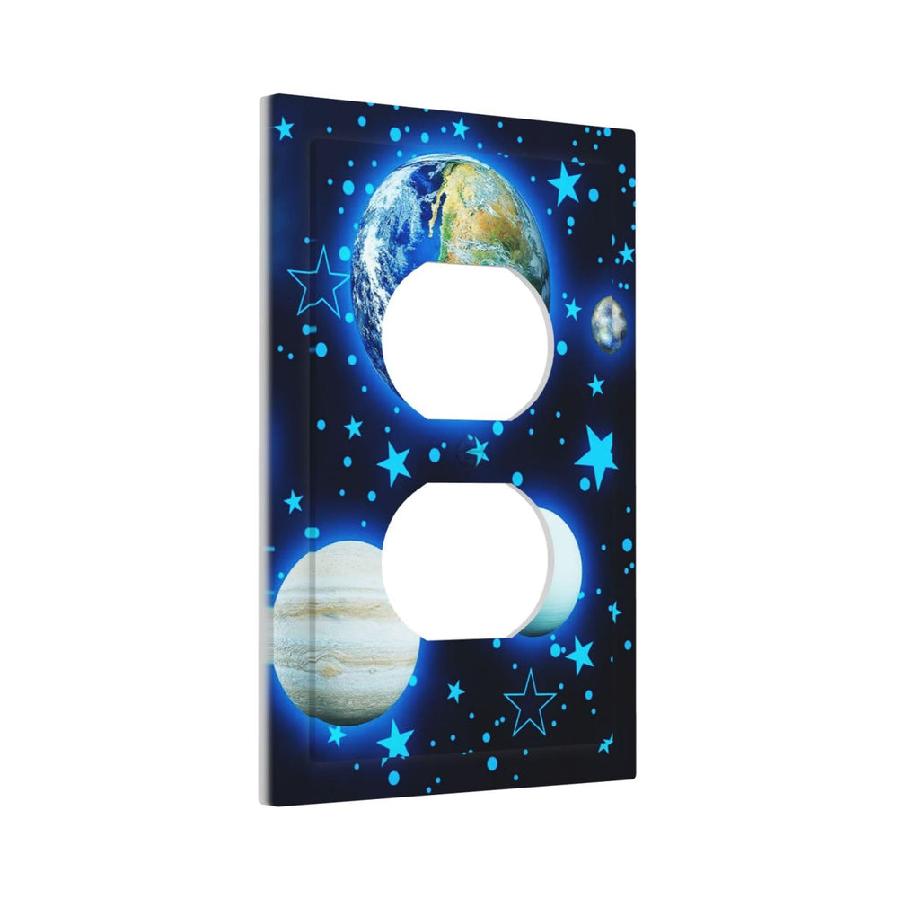 DJTRRF Blue Stars Planet 1-Gang Duplex outlet cover adds modern style to living rooms and nurseries.