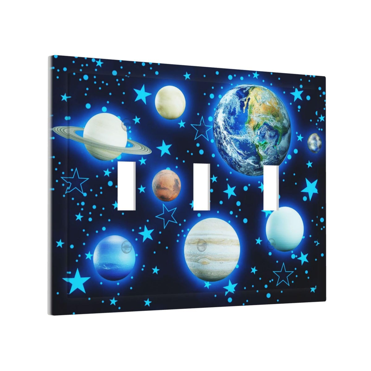 DJTRRF Blue Stars Planet 3-Gang switch cover adds modern style to any wall.