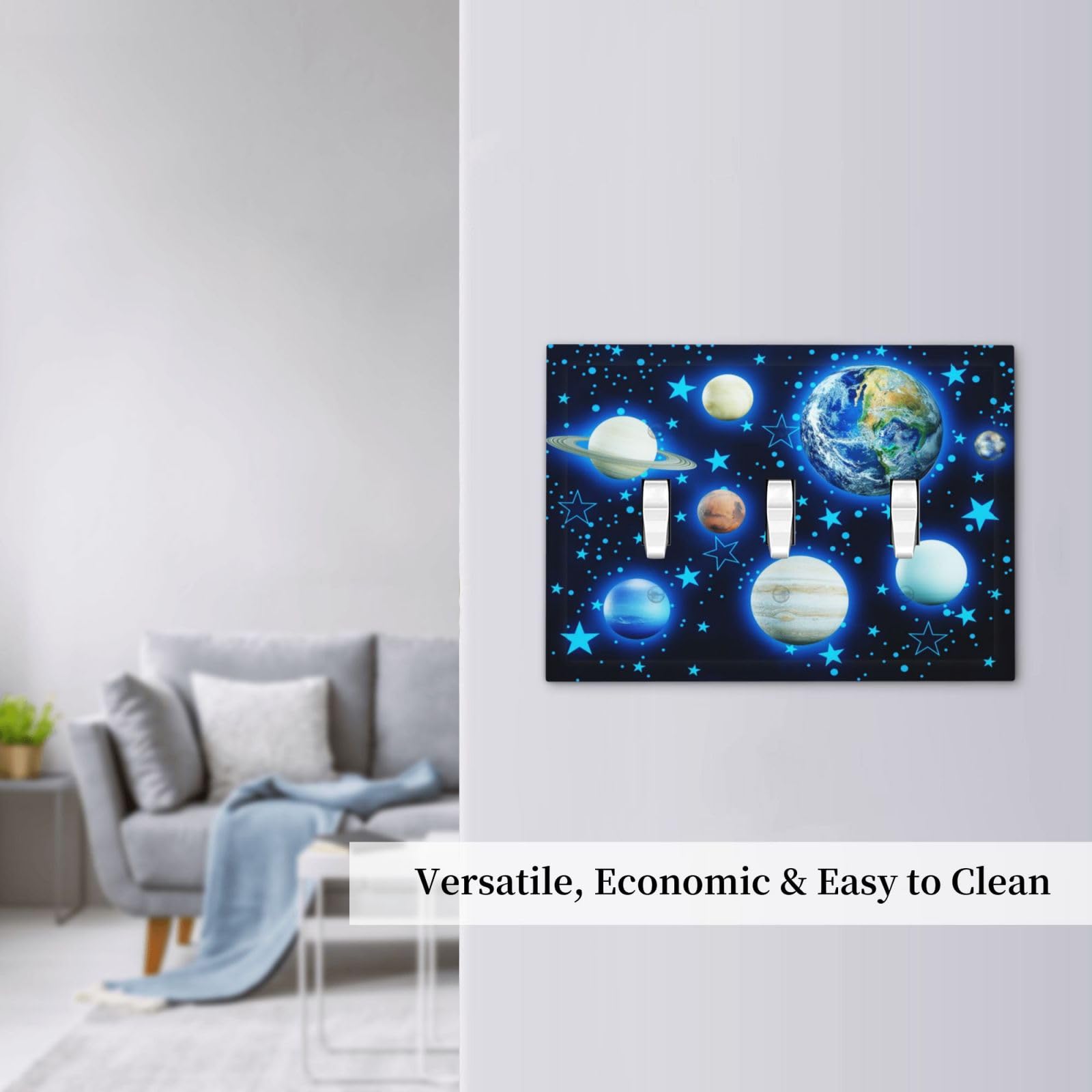 Bedroom design enhanced by DJTRRF Blue Stars Planet wall plate.