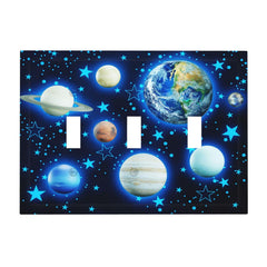 Close-up of DJTRRF Blue Stars Planet wall plate showing glossy finish.