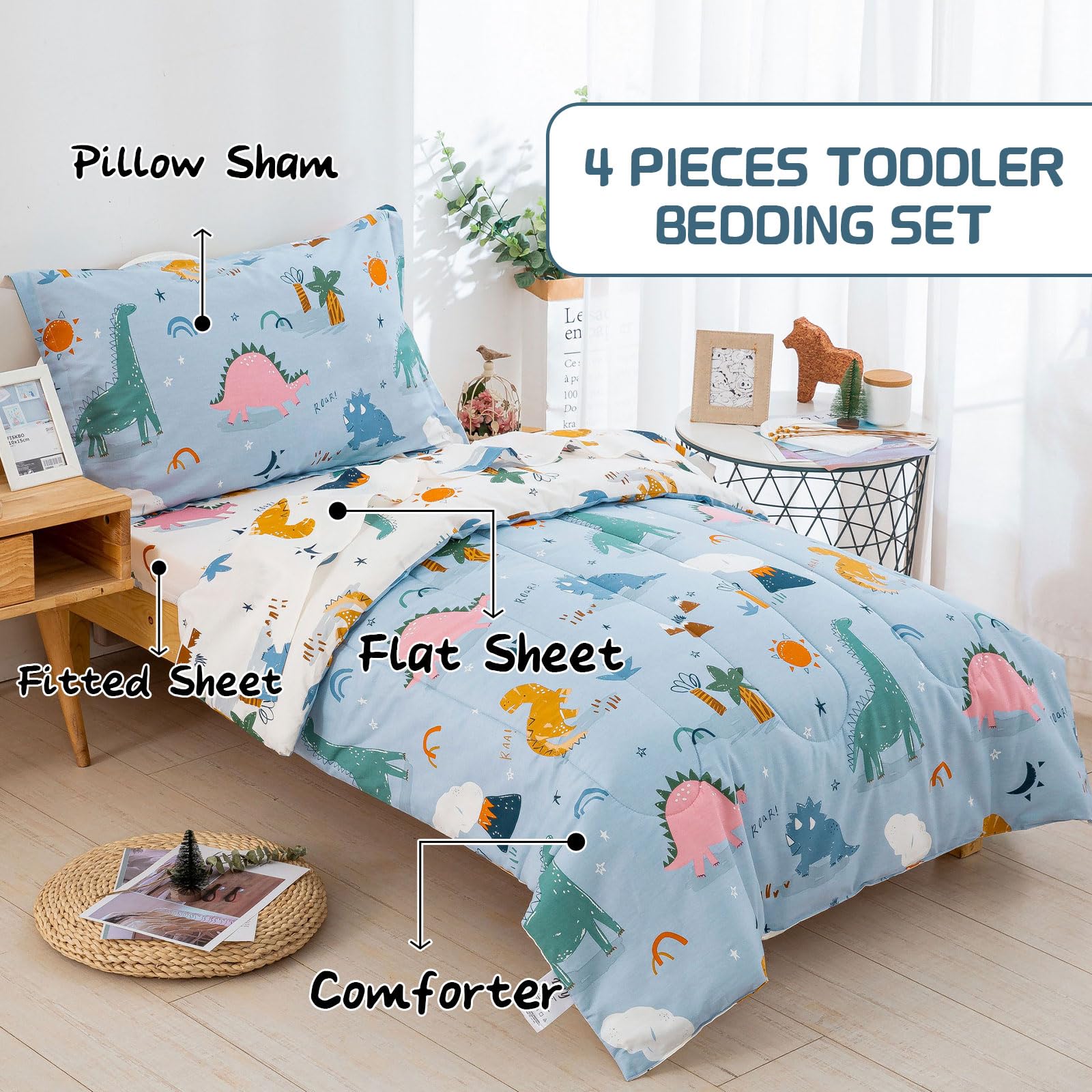DJY dinosaur toddler bedding fitted sheet, breathable cotton for comfort