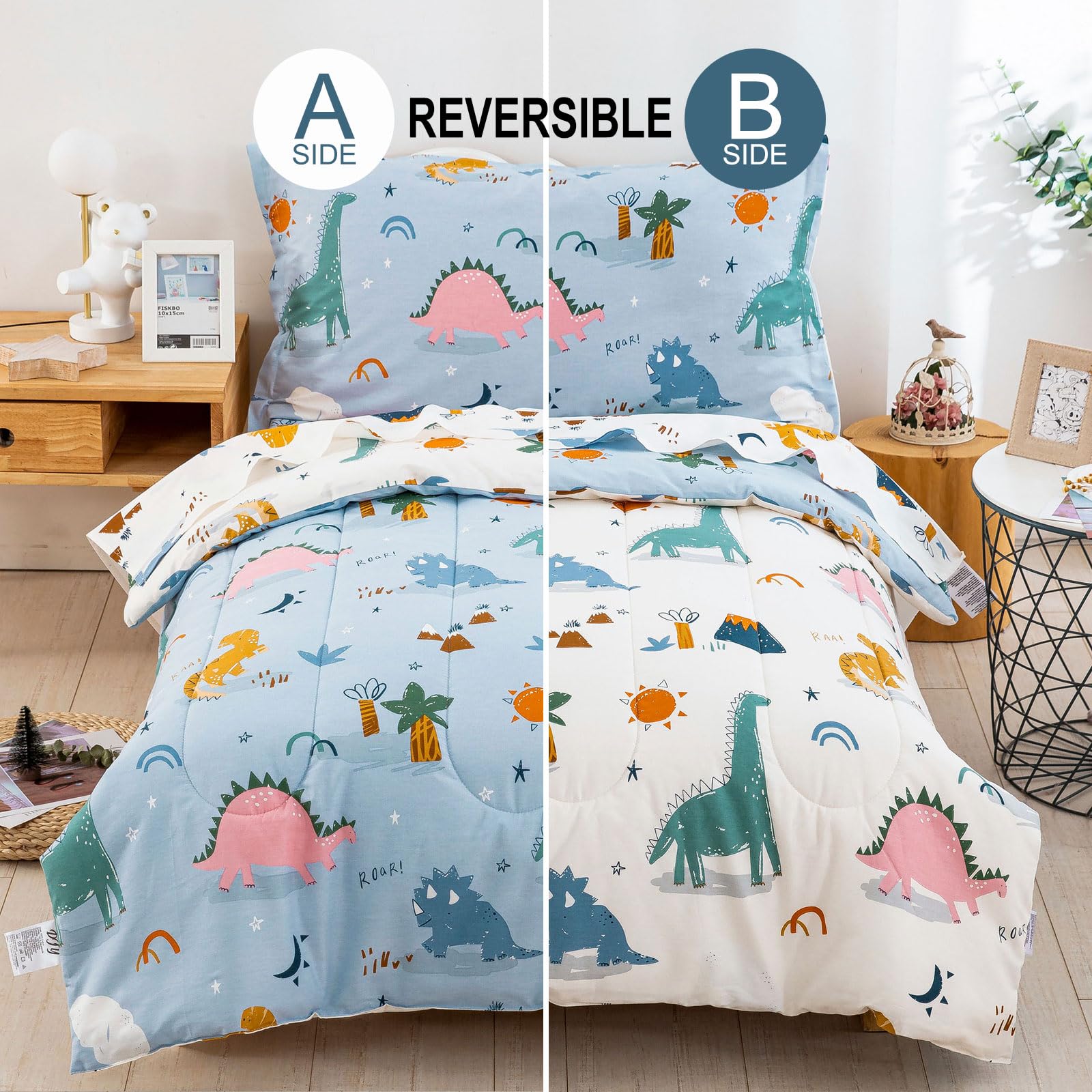 DJY dinosaur toddler bedding flat sheet in blue and white, soft cotton