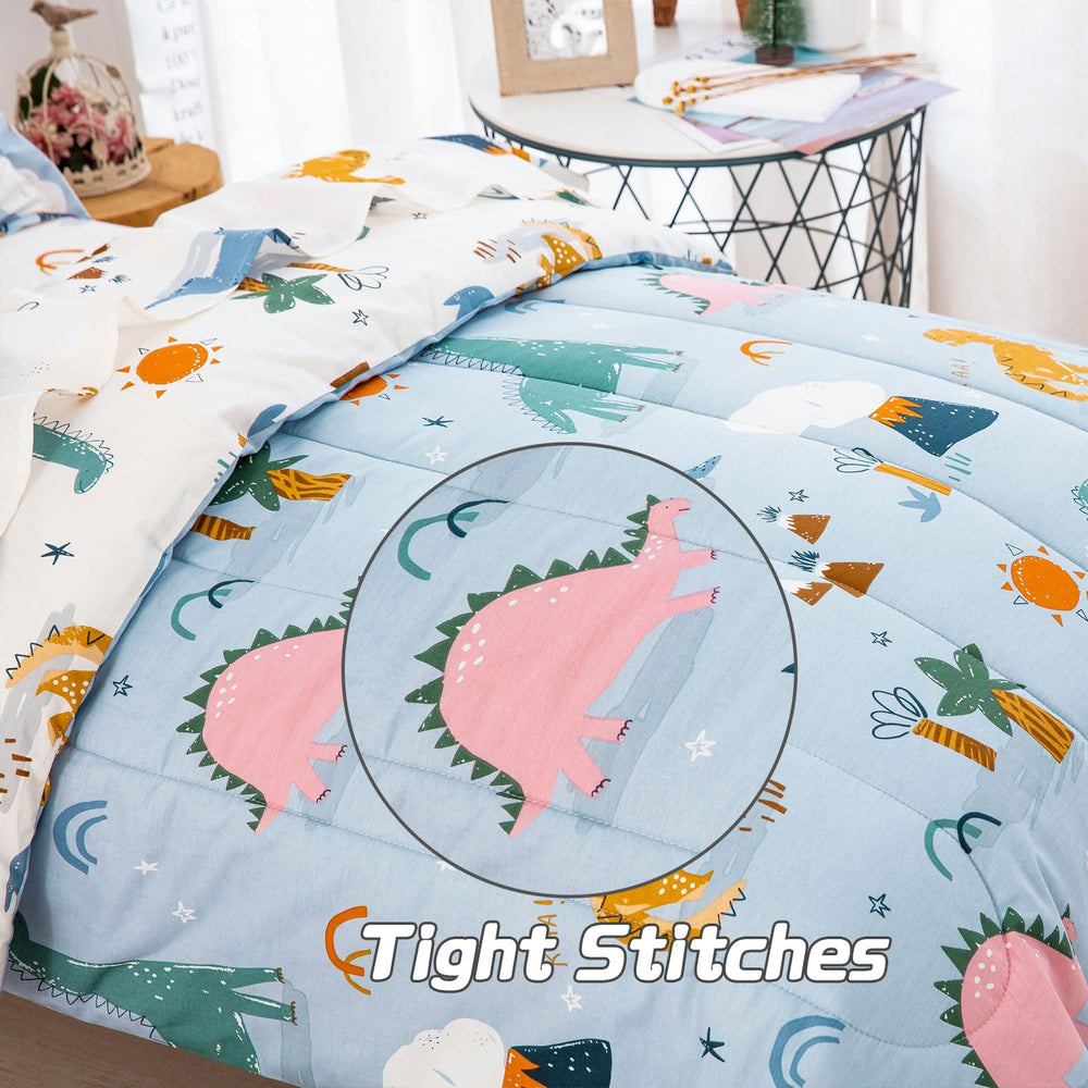 DJY closeup of colorful dinosaur pattern and durable stitching