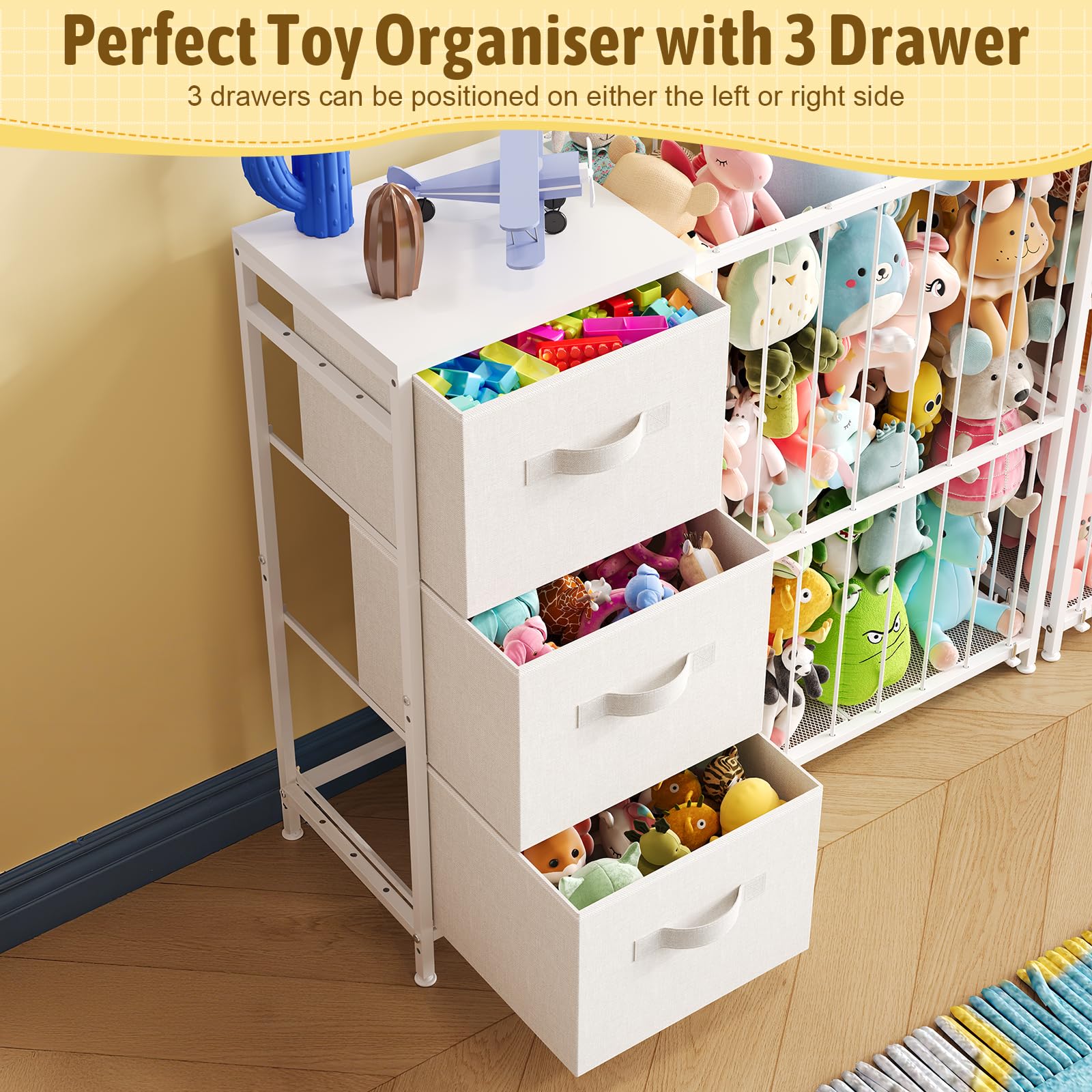 Dmticoasis storage with three fabric drawers for easy toy sorting