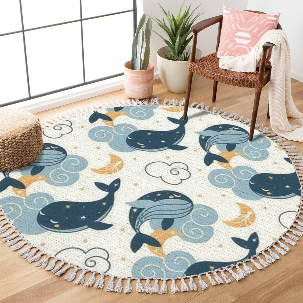 DNEWYNPABV Ocean Beach round rug used as a safe nursery playmat.