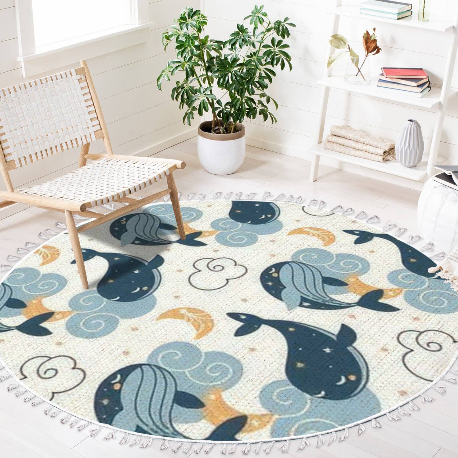 DNEWYNPABV Ocean Beach rug with whales and clouds, calming nursery decor.