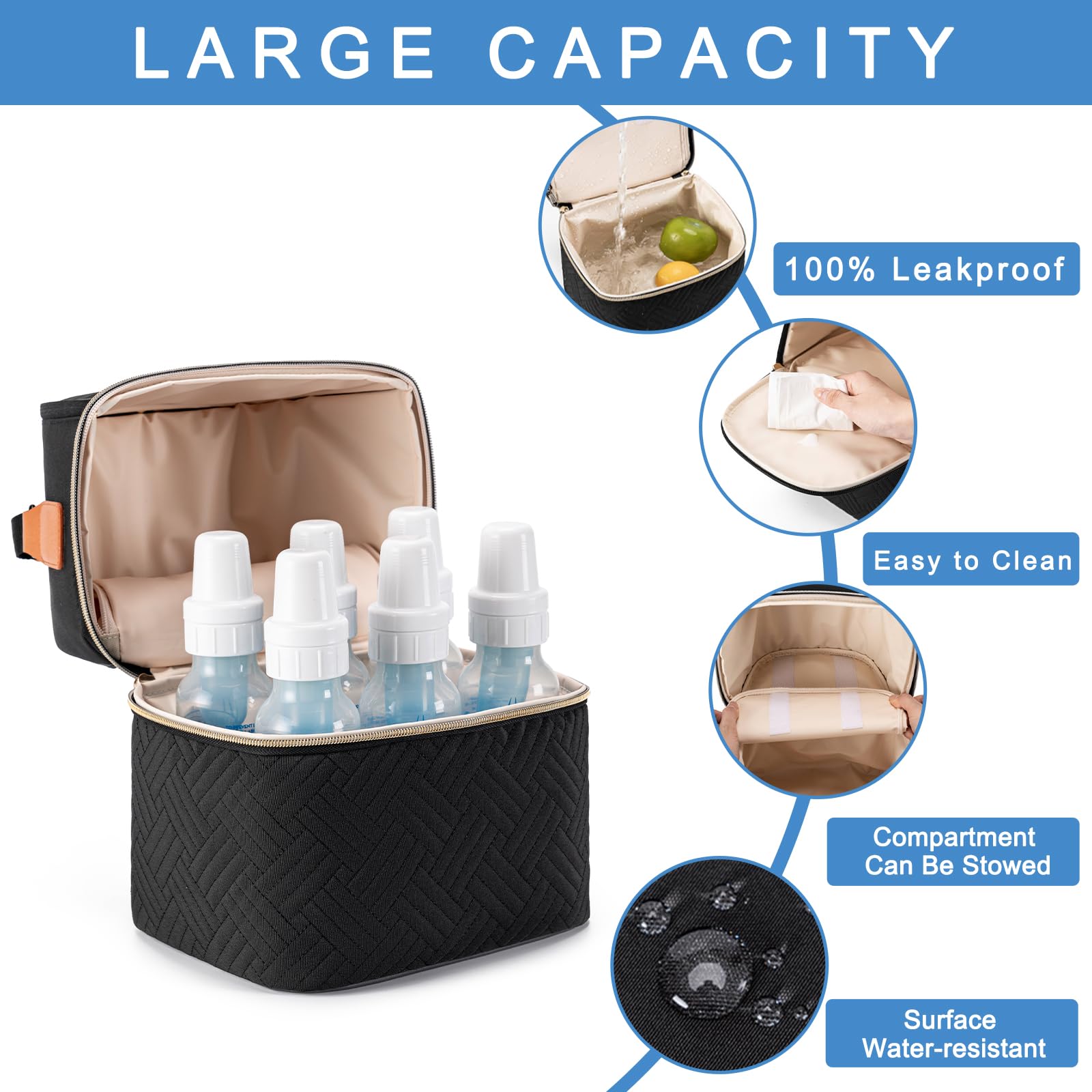 Docami two-compartment design neatly houses bottles and accessories securely.