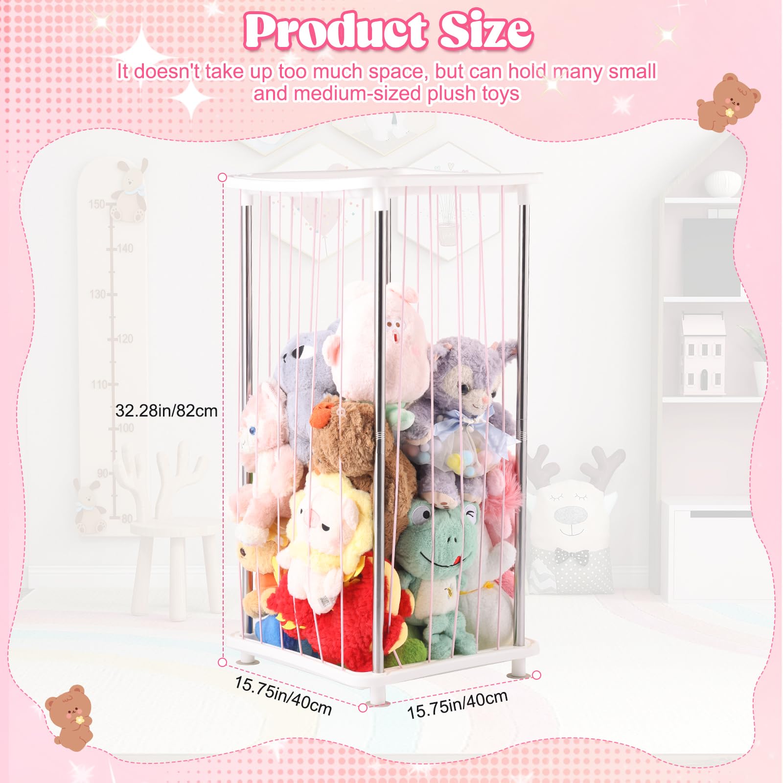 DOCEPERT space-saving corner storage in a playroom keeps plush toys neatly stacked.