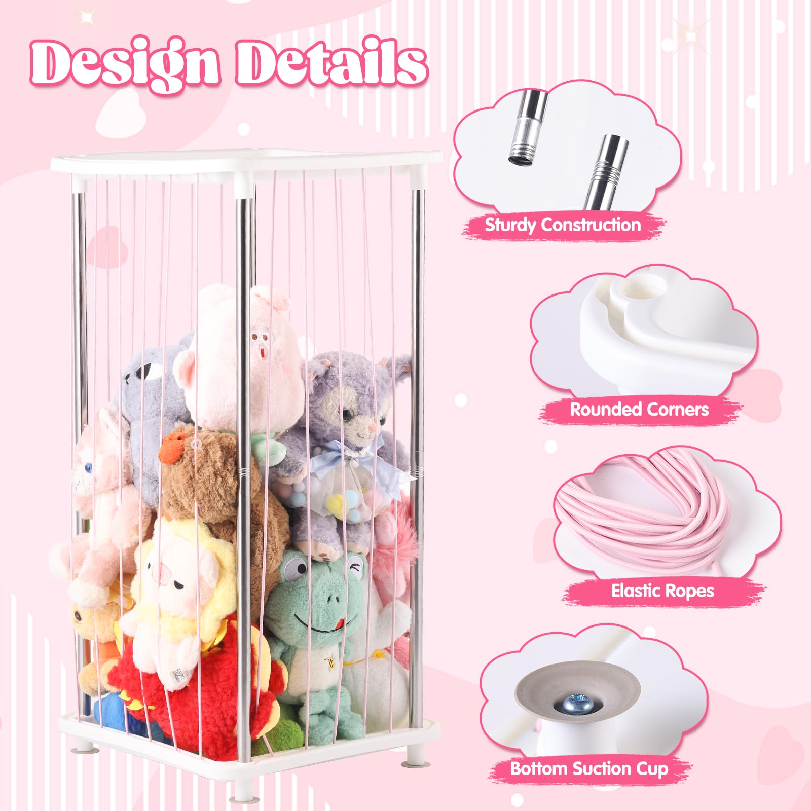 DOCEPERT stuffed animal rack side angle showing easy access with elastic rope.