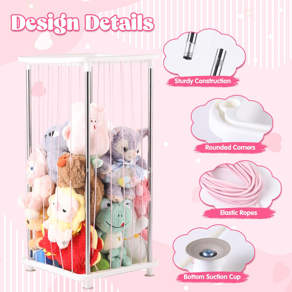 DOCEPERT stuffed animal rack side angle showing easy access with elastic rope.