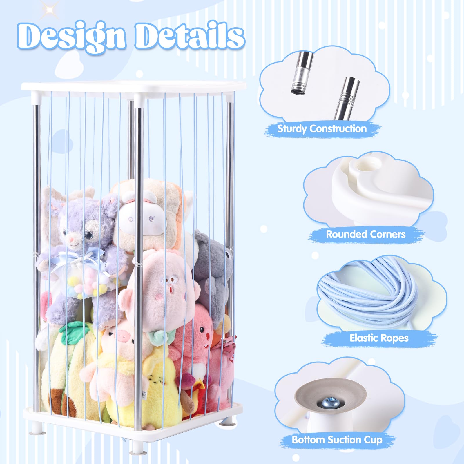 DOCEPERT zoo rack with elastic ropes offers easy access to plushies and quick tidying.