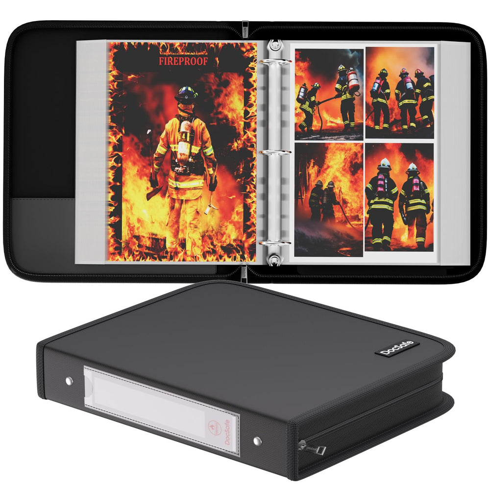 DocSafe fireproof photo album with black cover protects memories stylishly