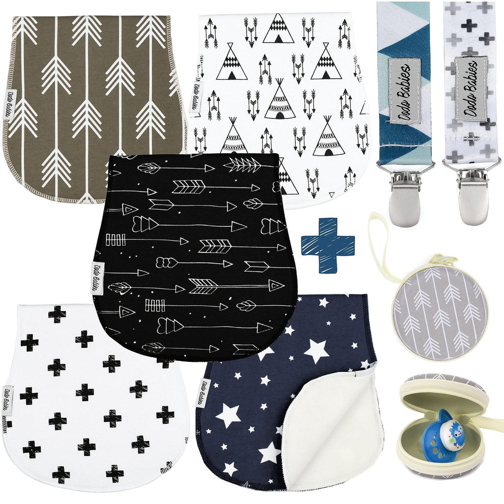 Dodo Babies 5-pack burp cloths in blue grey black for soft absorbent protection