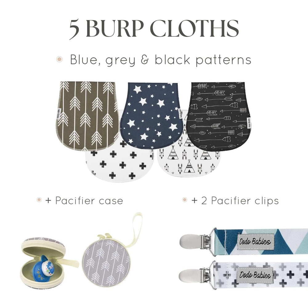 Dodo Babies burp cloths contoured shoulder-fit resting on shoulder for secure coverage