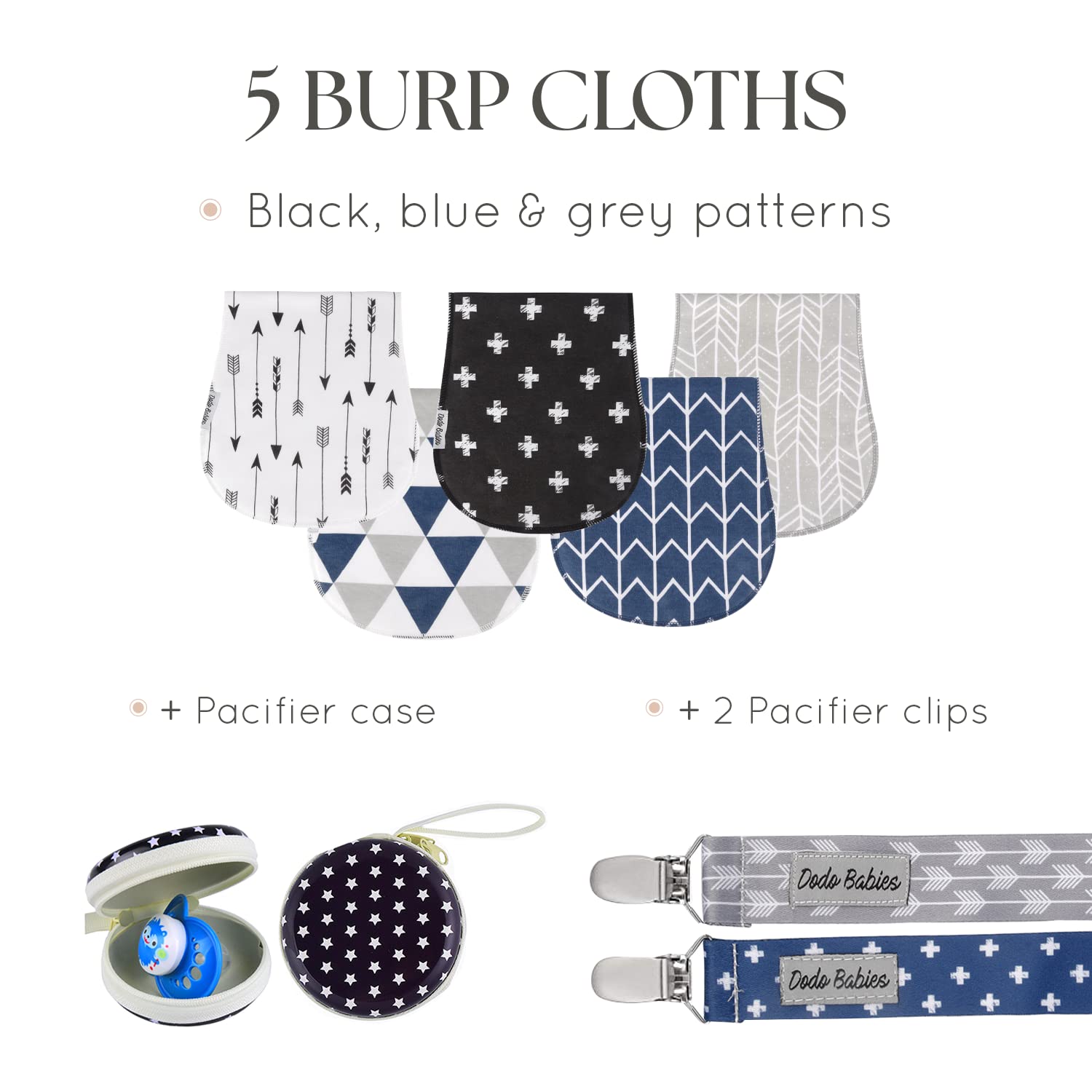 Dodo Babies burp cloths with contoured-shoulder for a snug fit over clothing