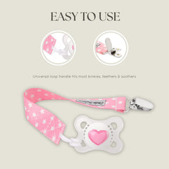 Dodo Babies metal clip attaches softly to bibs without snagging fabric.