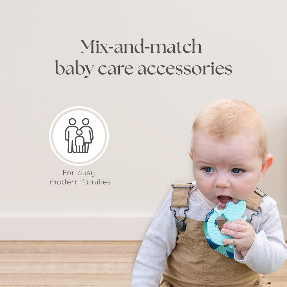 Dodo Babies pacifier clip secures items to clothing for easy access.