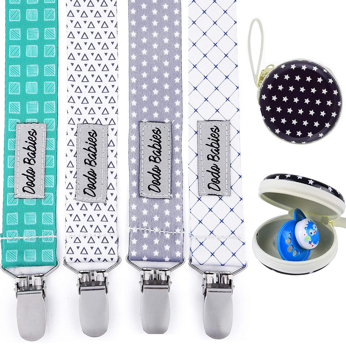 Dodo Babies pacifier clip in teal-blue pattern keeps pacifiers secure on clothing.