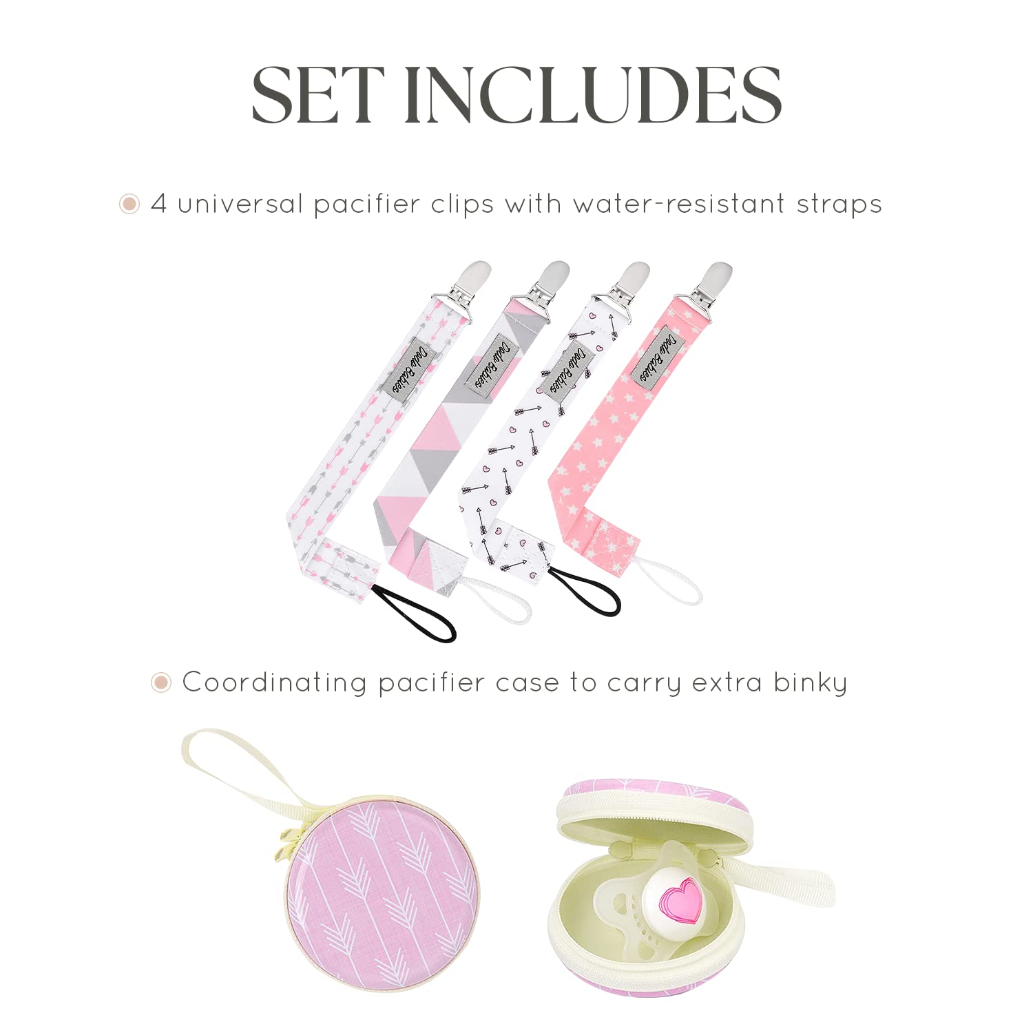 Dodo Babies universal holder loop fits most pacifiers and teethers.