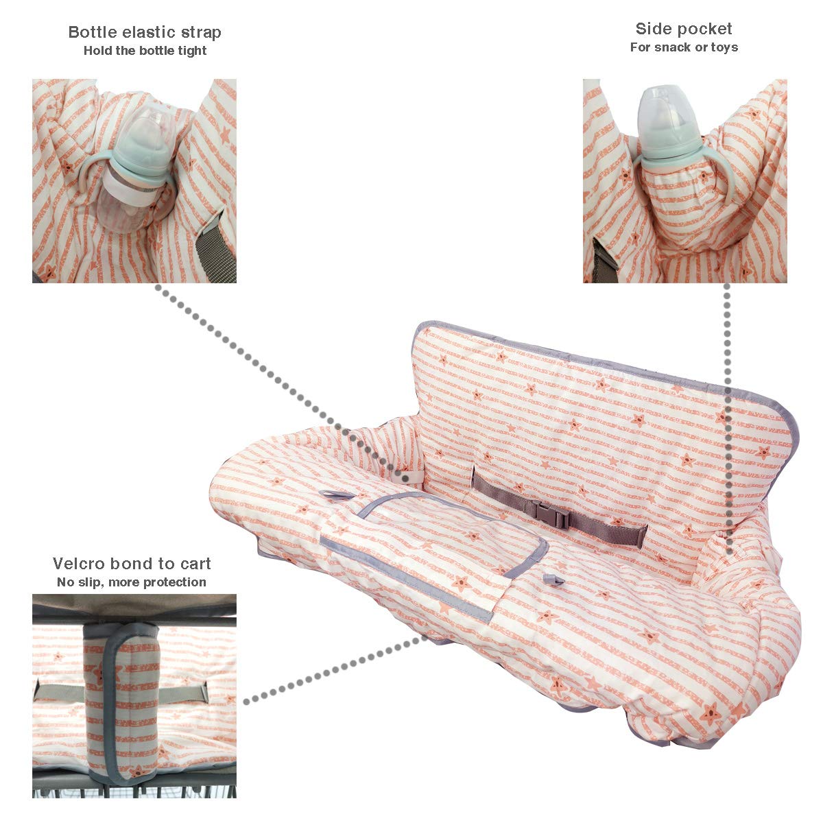 Dodo Nici universal fit cart cover adapts to most shopping carts.