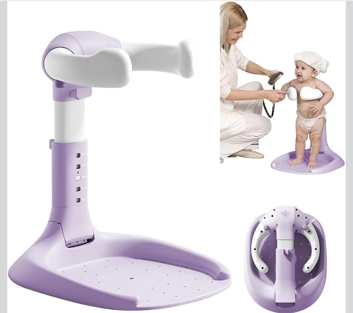 Dodohani purple baby bathtub with shower stand offers adjustable height for growing babies.