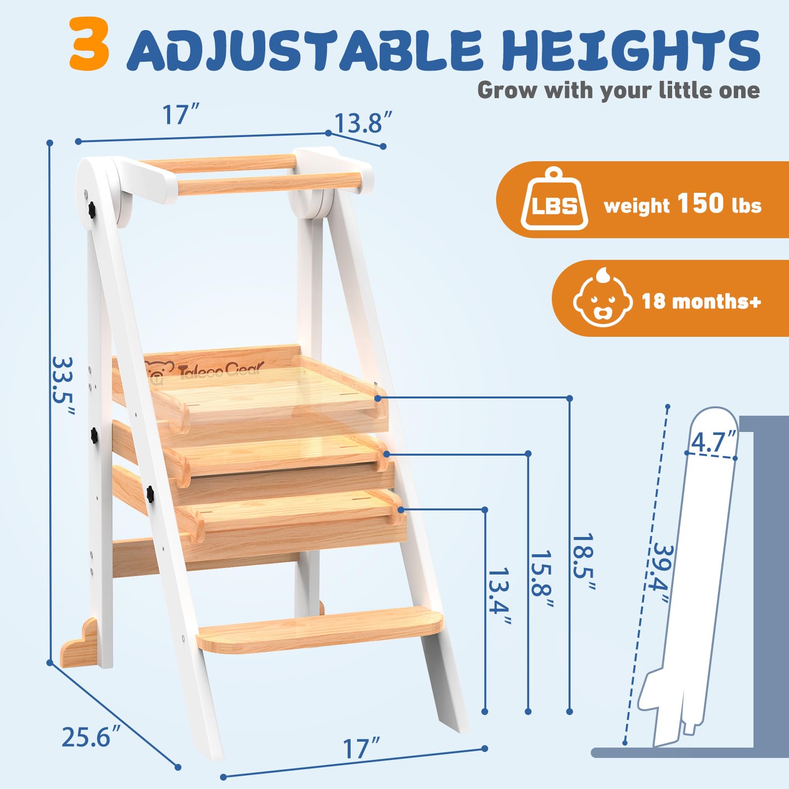 White wood finish Doerpuz toddler tower complements modern kitchens