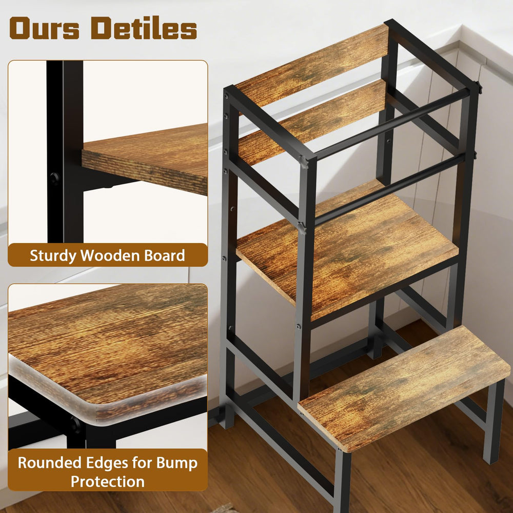 Doerpuz toddler tower at counter height supports kitchen tasks safely.