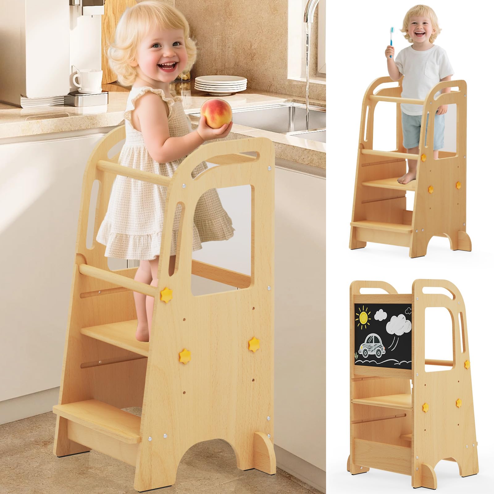 Doerpuz toddler tower with chalkboard enables drawing at table height for independent play