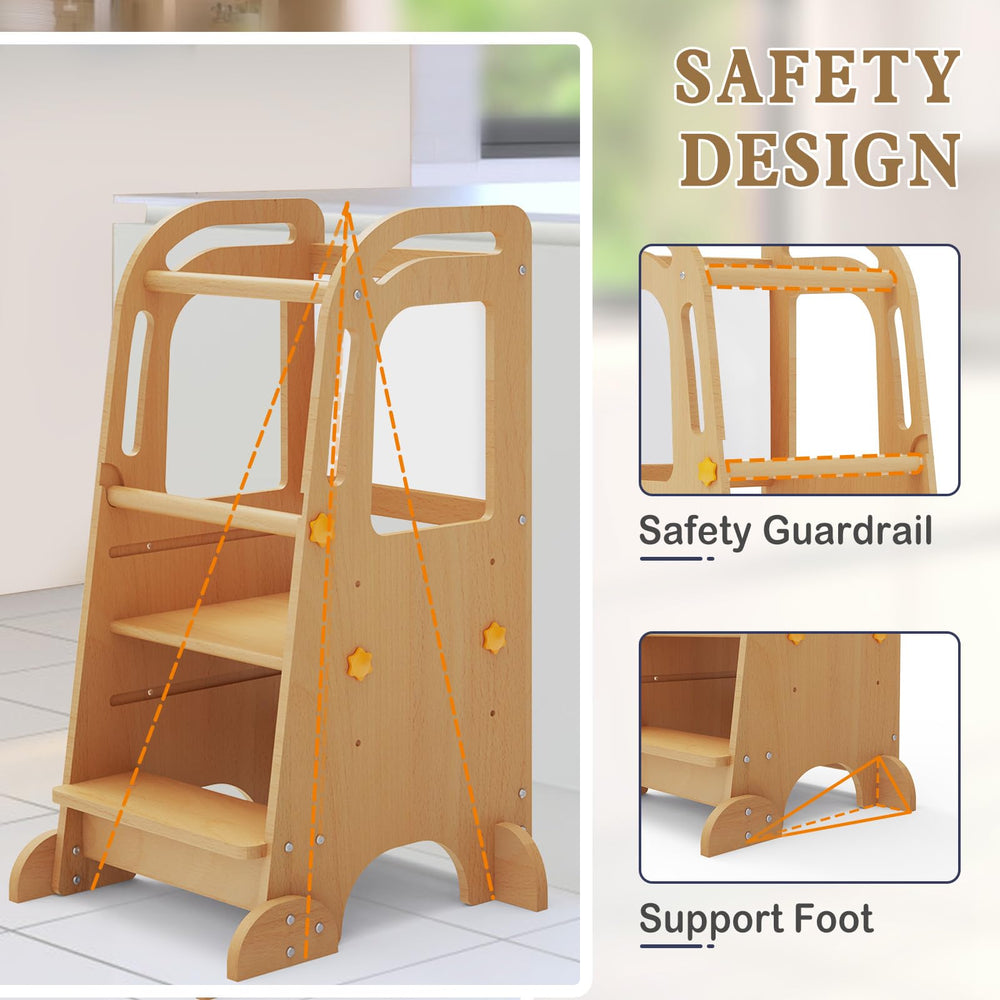 Doerpuz wooden toddler stool with safety pole provides extra stability for safe climbing