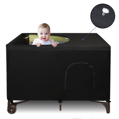 Dofilachy blackout cover on Pack N Play front view for calmer nap environments