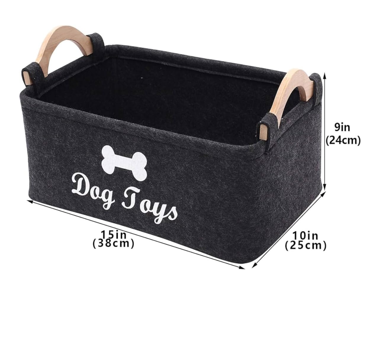 Dog Toy Box Storage Basket shows a spacious interior for blankets, toys, and leashes.