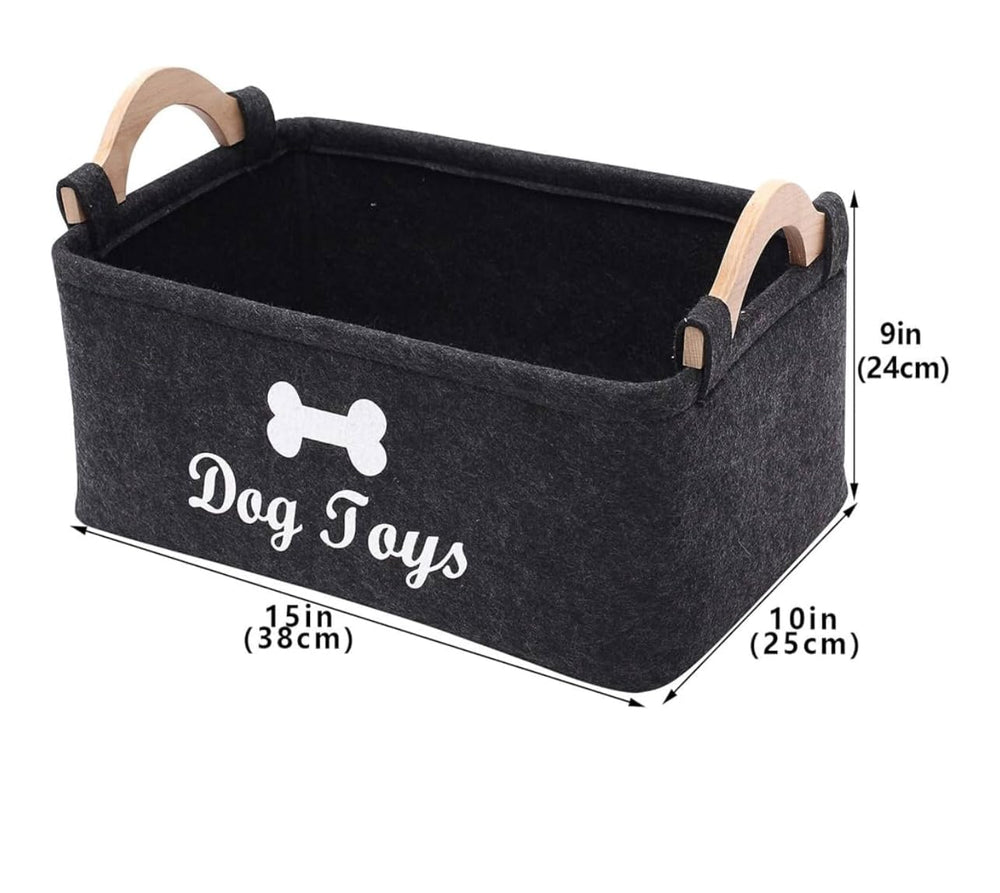 Dog Toy Box Storage Basket shows a spacious interior for blankets, toys, and leashes.