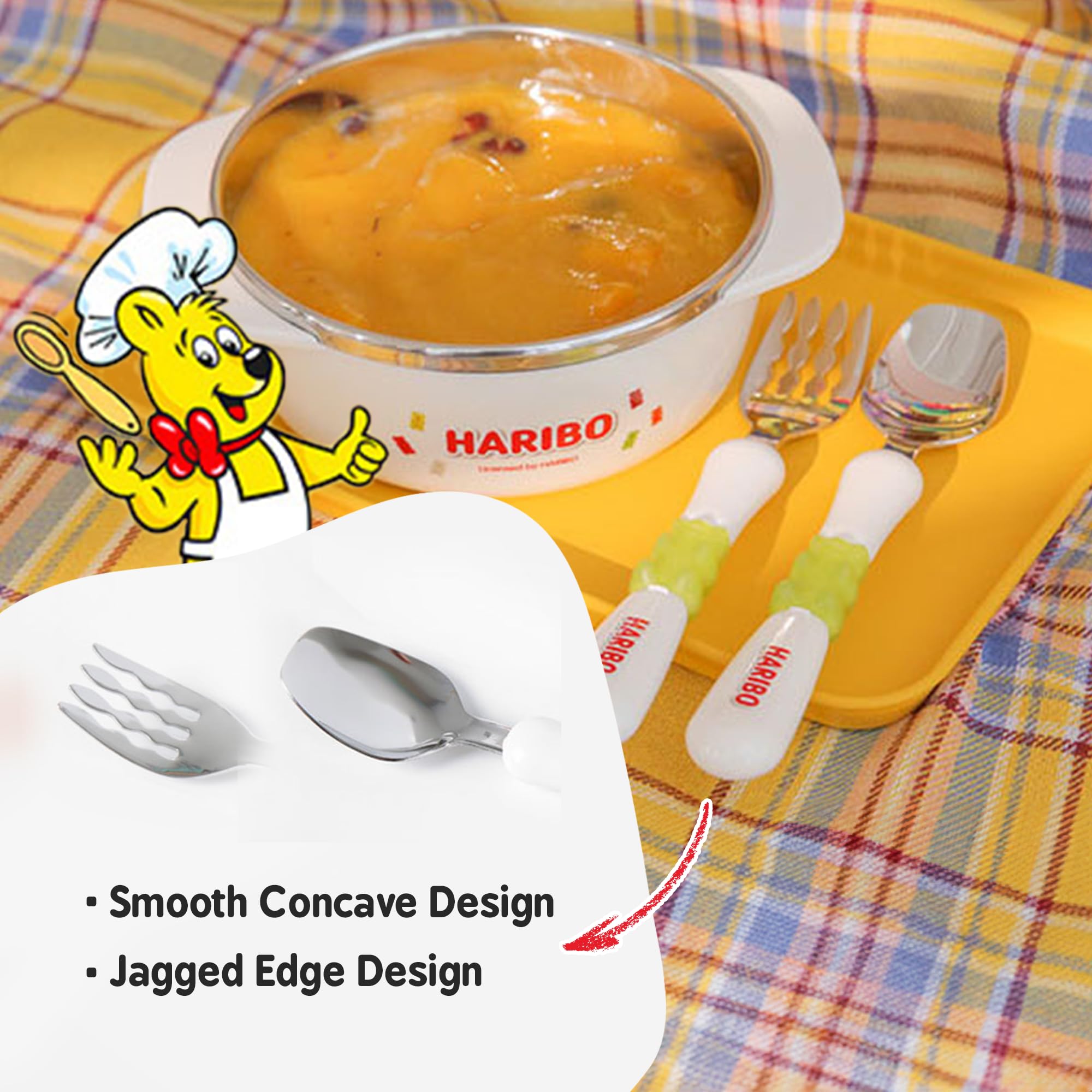 Goldbear figure on the handle aids tiny hands while eating.
