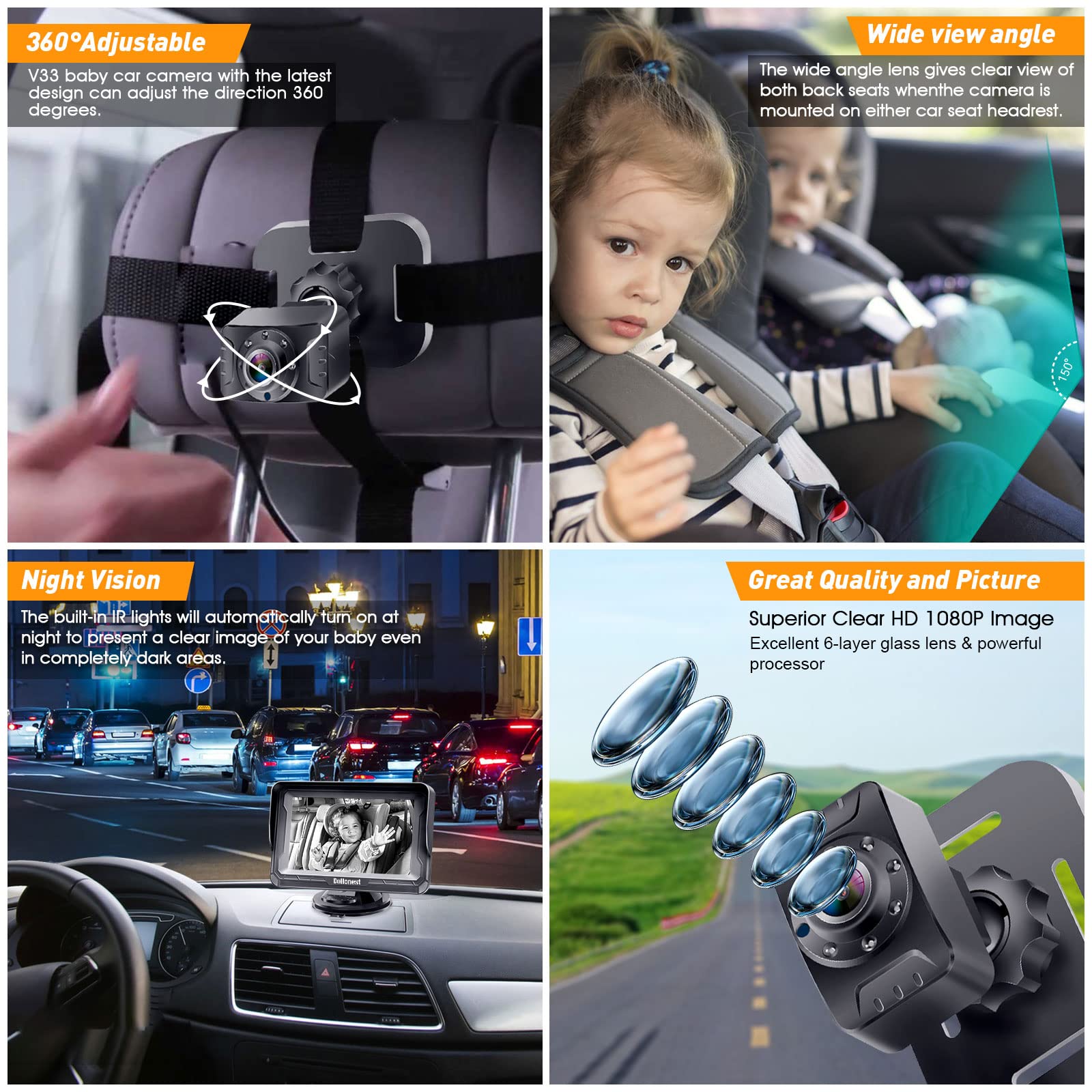DoHonest 150-degree wide-angle view covers the entire backseat for better awareness.