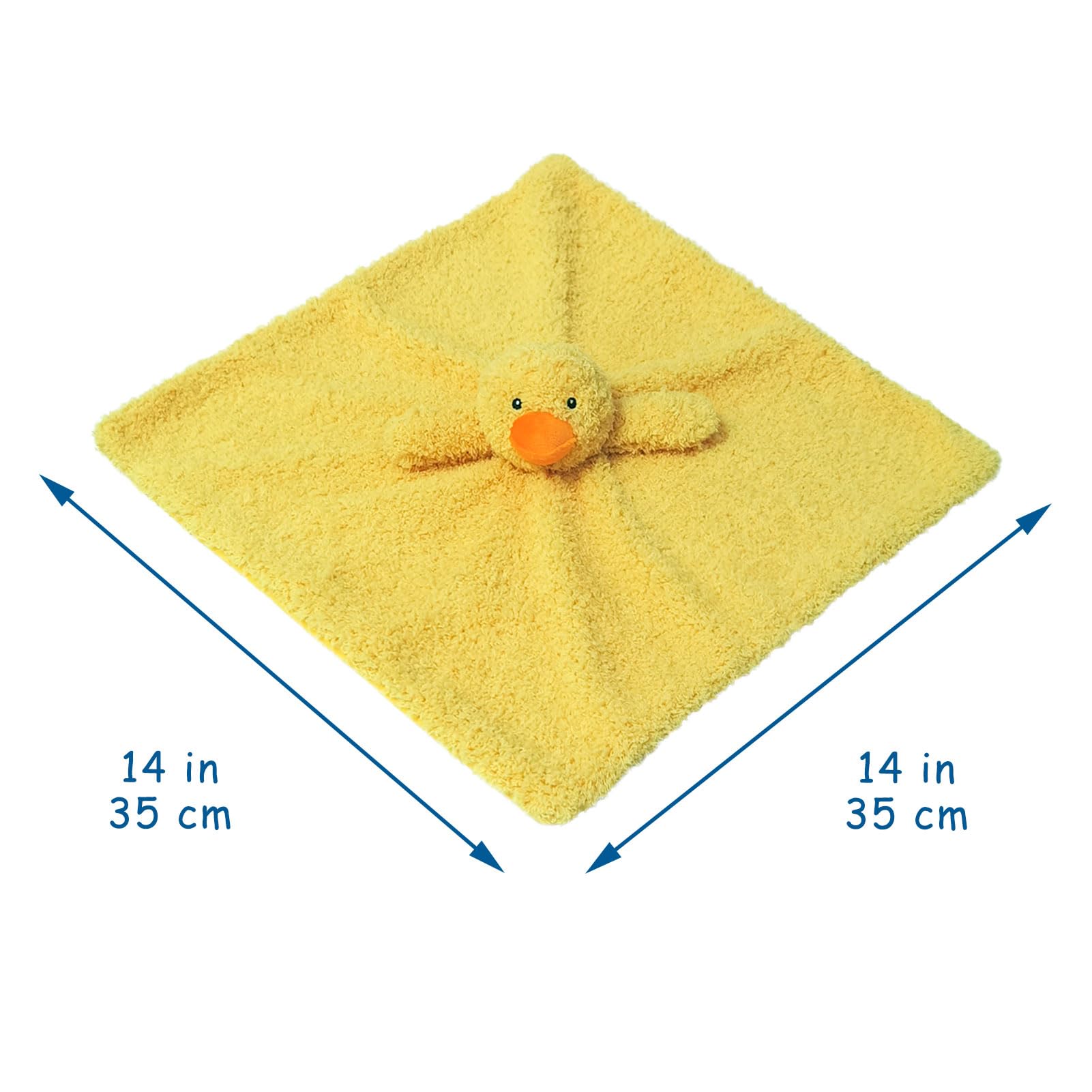 Doindute duck security blanket close-up shows embroidered eyes and nose for safe design