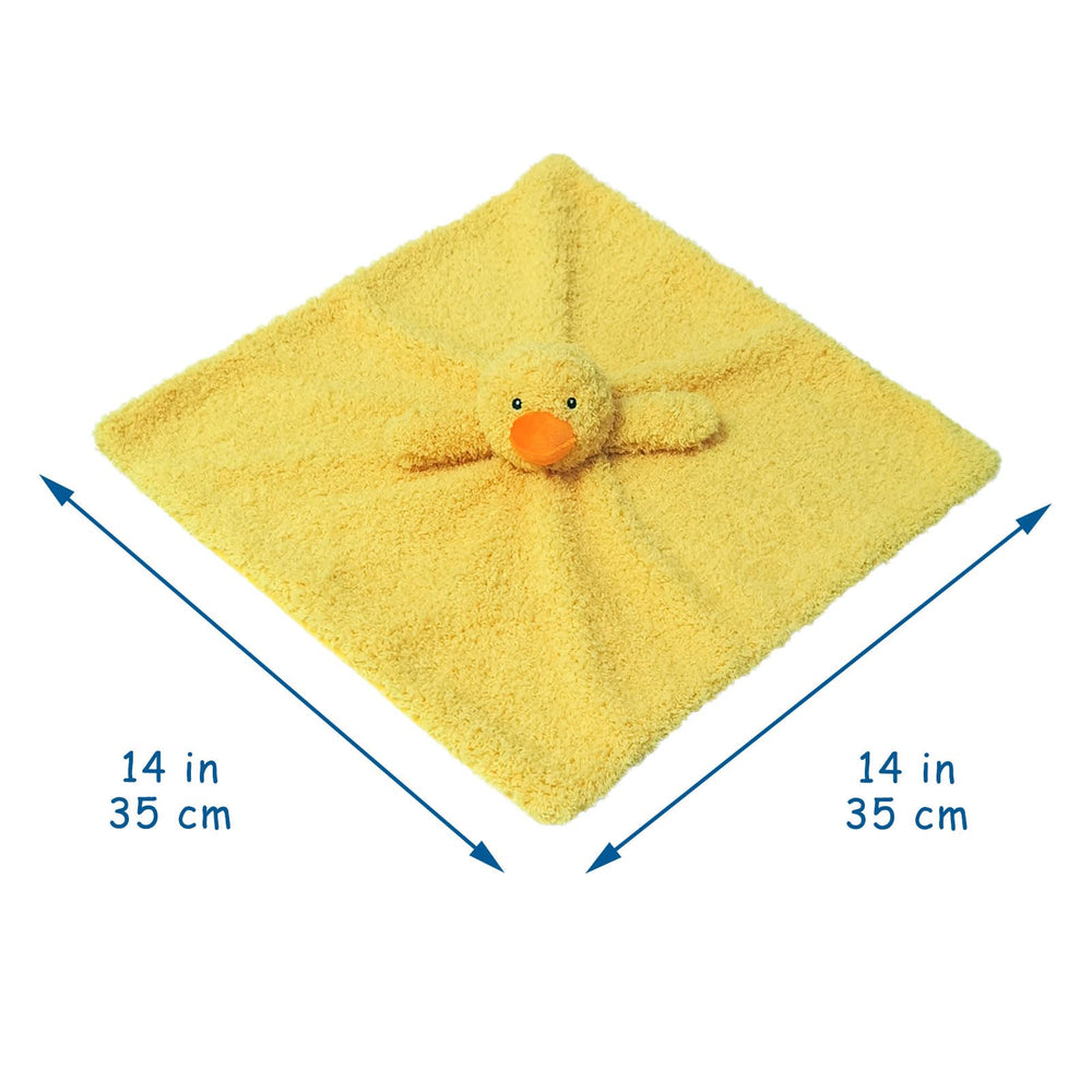 Doindute duck security blanket close-up shows embroidered eyes and nose for safe design
